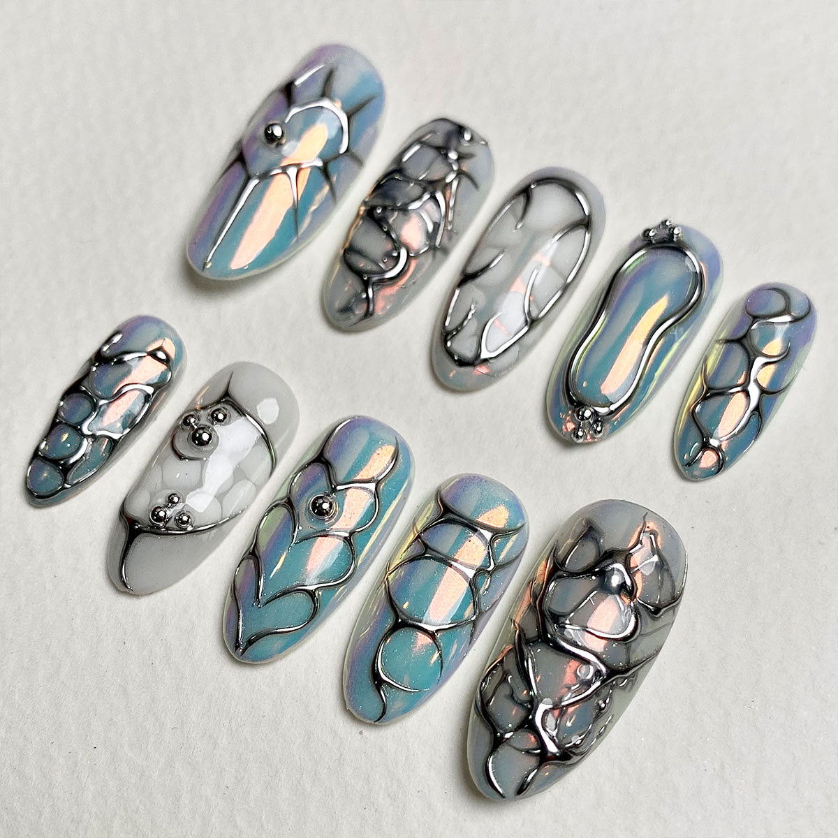 Pearl Mirror – Silver White Gothic Press-On Nails, Dark Metal Fake Nails