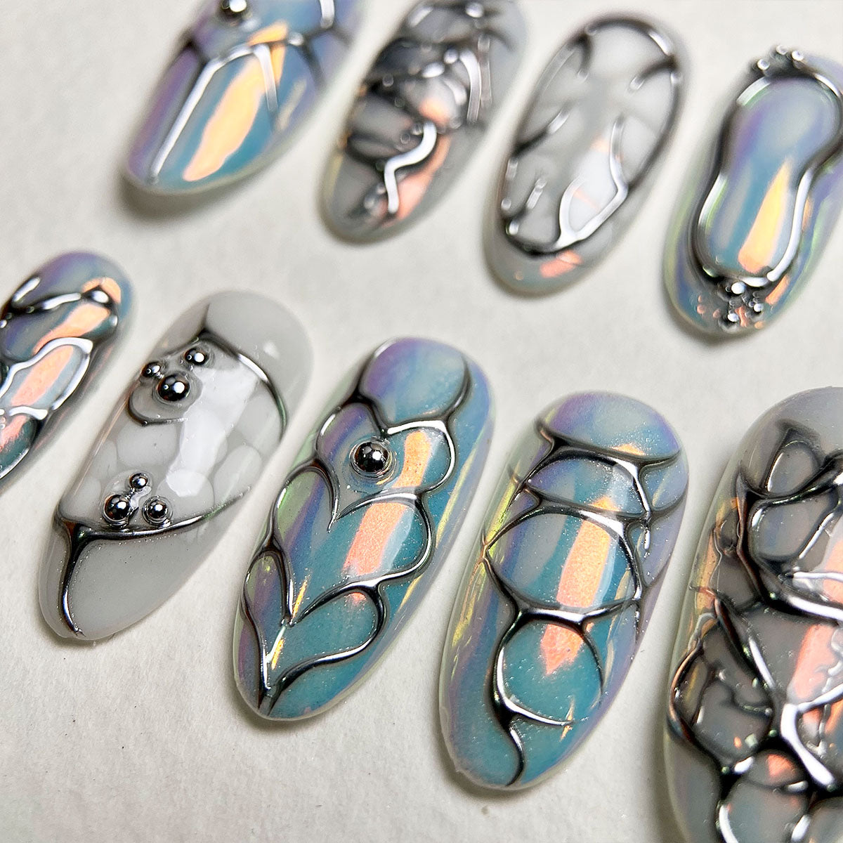 Pearl Mirror – Silver White Gothic Press-On Nails, Dark Metal Fake Nails