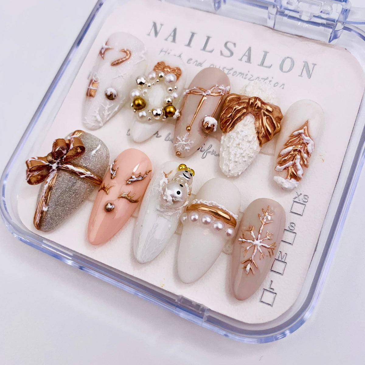Cute Reindeer Christmas Acrylic Press On Nails White Ribbon Xmas Y2K Fake Fall Nails Holiday Party Winter Maniccure