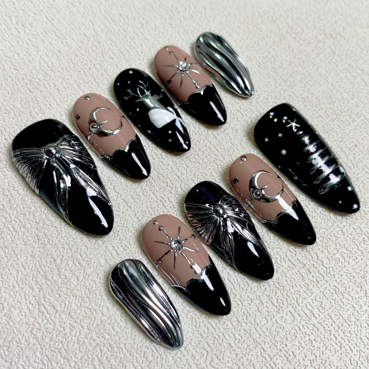 Dark Gothic Christmas Press On Nails, Silver Chrome Black Xmas Goth Nails, Reindeer Ribbons Pine Tree Holiday Winter Party Nails
