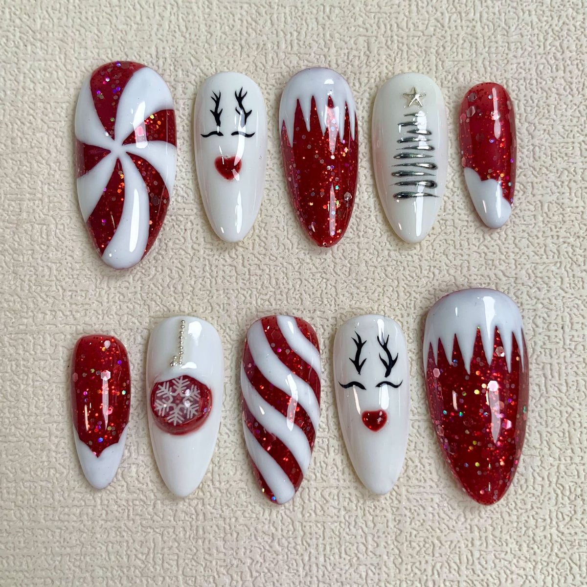 Cute Red Christmas Press On Nails, White Snow Winter Xmas Glitters Nails, Reindeer Holiday Pine Party Nails