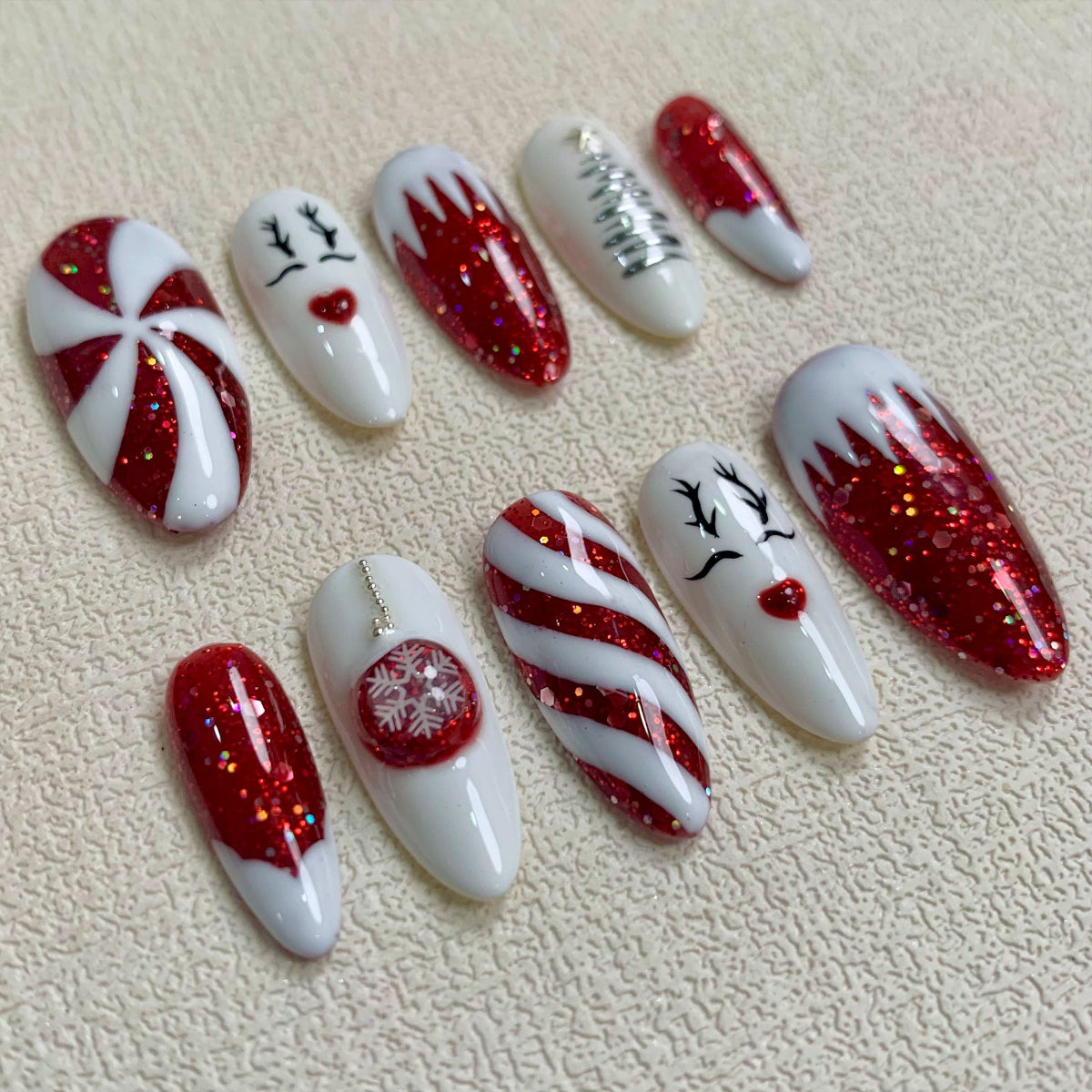 Cute Red Christmas Press On Nails, White Snow Winter Xmas Glitters Nails, Reindeer Holiday Pine Party Nails