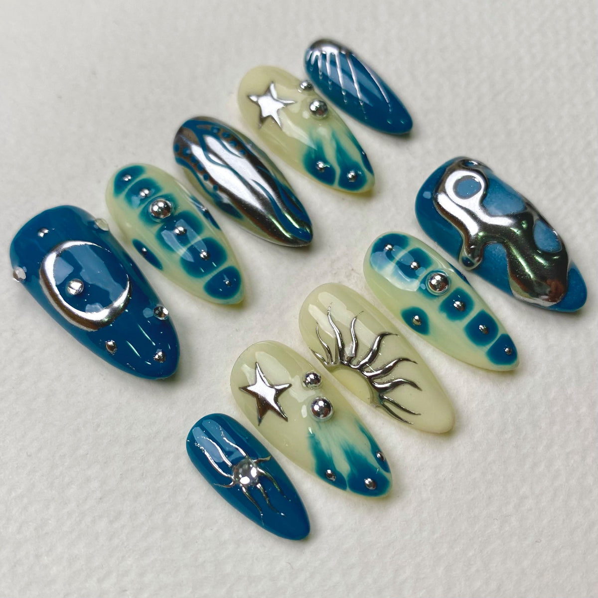 Moon Sailor Press-On Nails – Deep Blue Sky Fake Nails with Stars, Moons & Metallic Cosmic Art