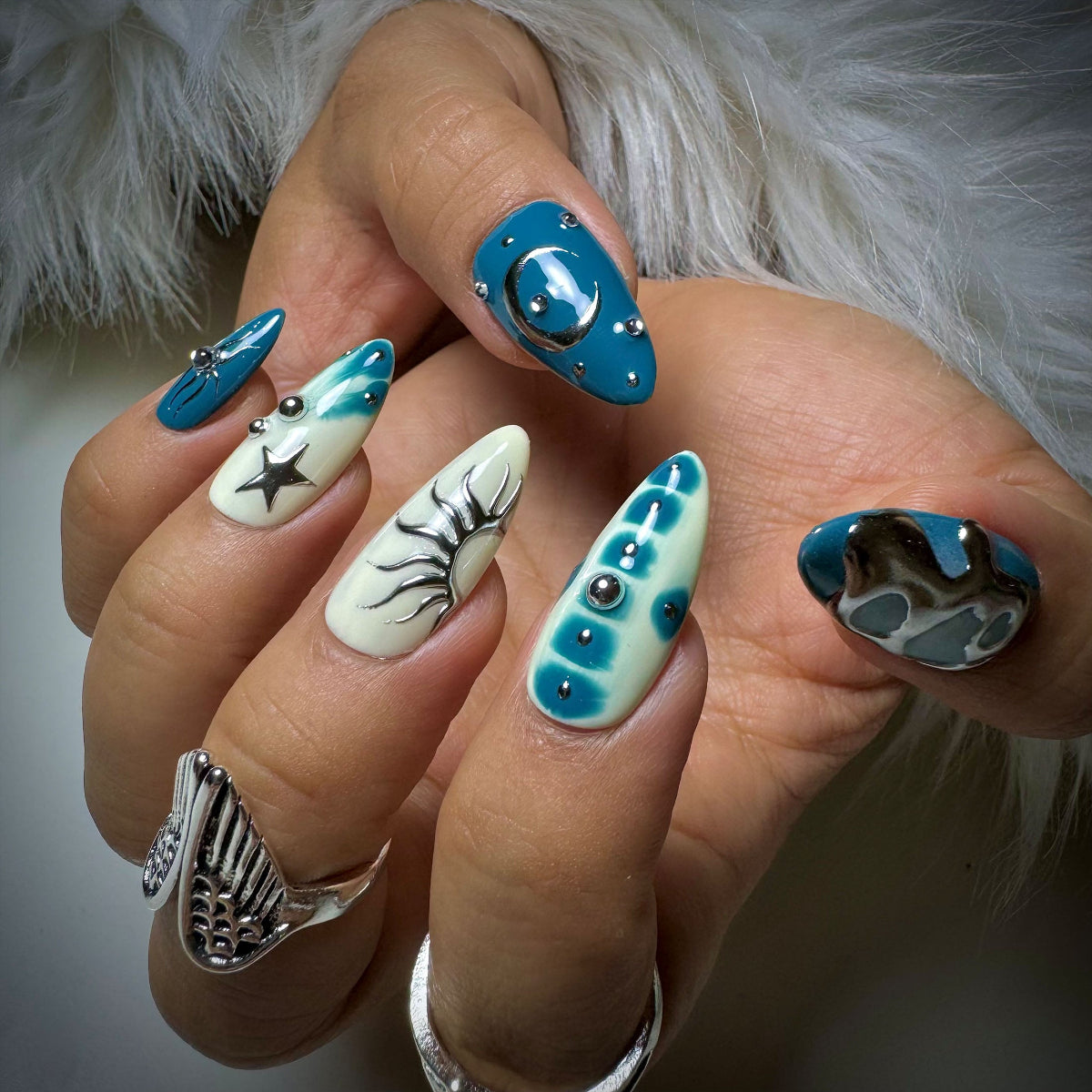 Moon Sailor Press-On Nails – Deep Blue Sky Fake Nails with Stars, Moons & Metallic Cosmic Art