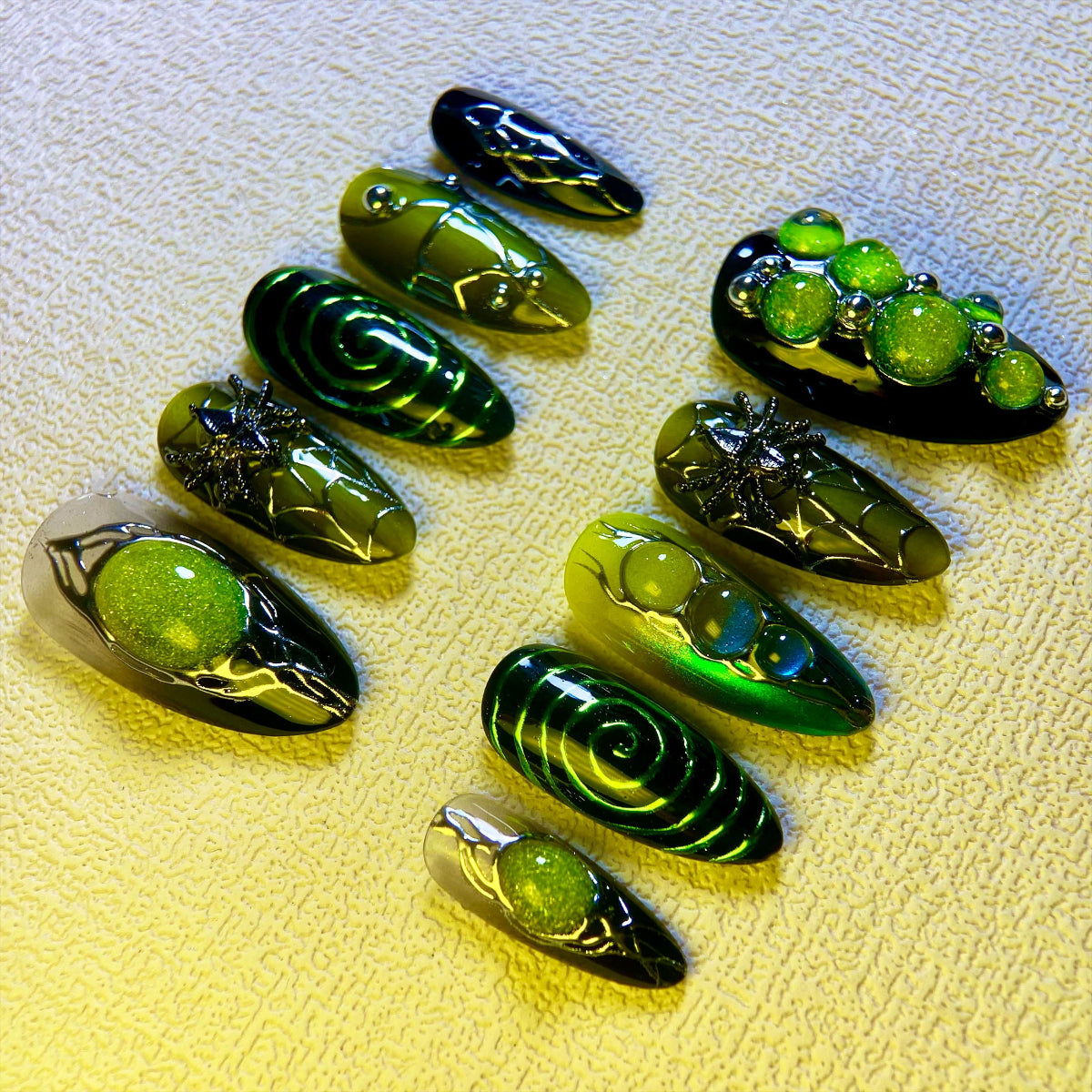 Green Press On Nails, Y2K Trending Spider Web Summer Dark Green Nails | DarkNailz