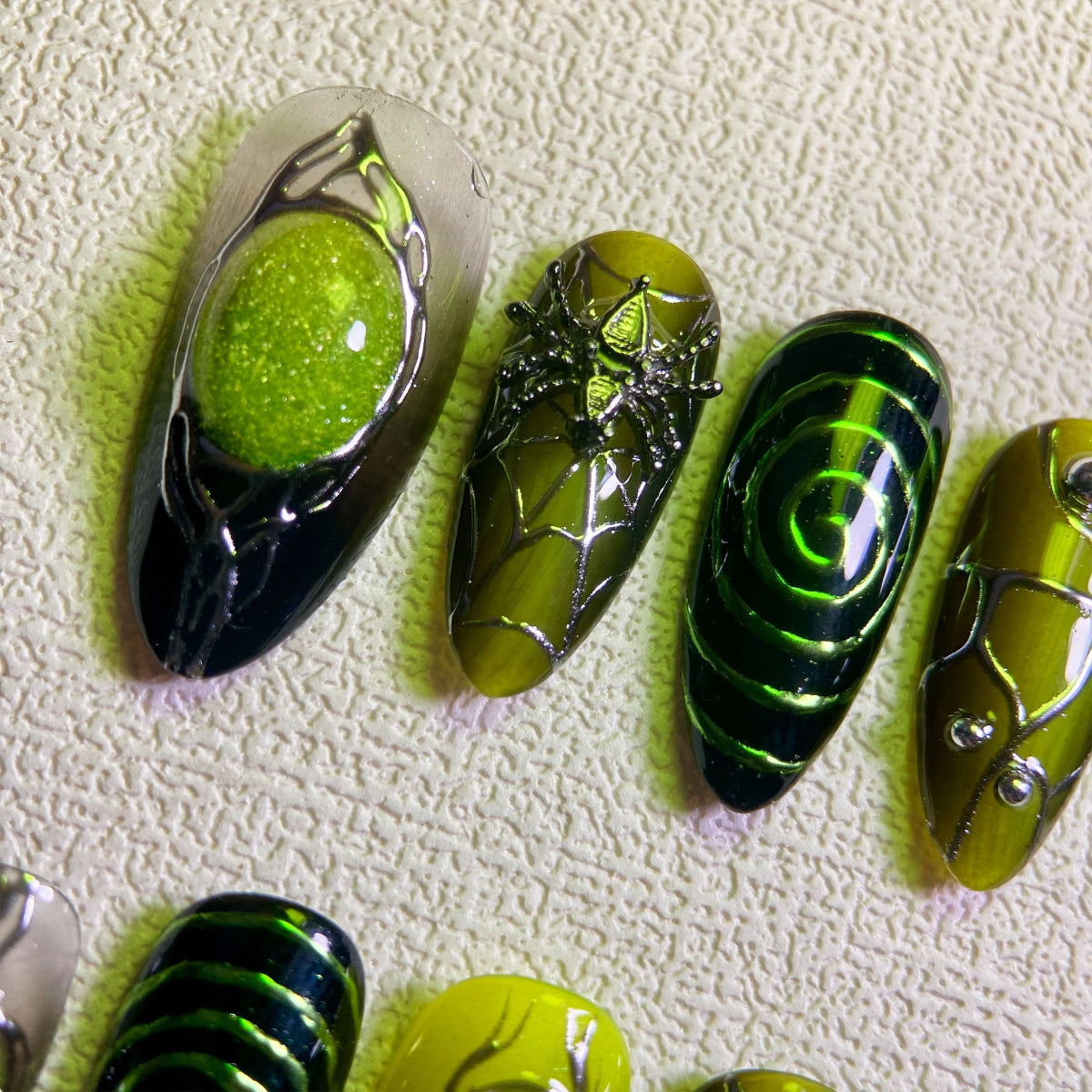Green Press On Nails, Y2K Trending Spider Web Summer Dark Green Nails | DarkNailz