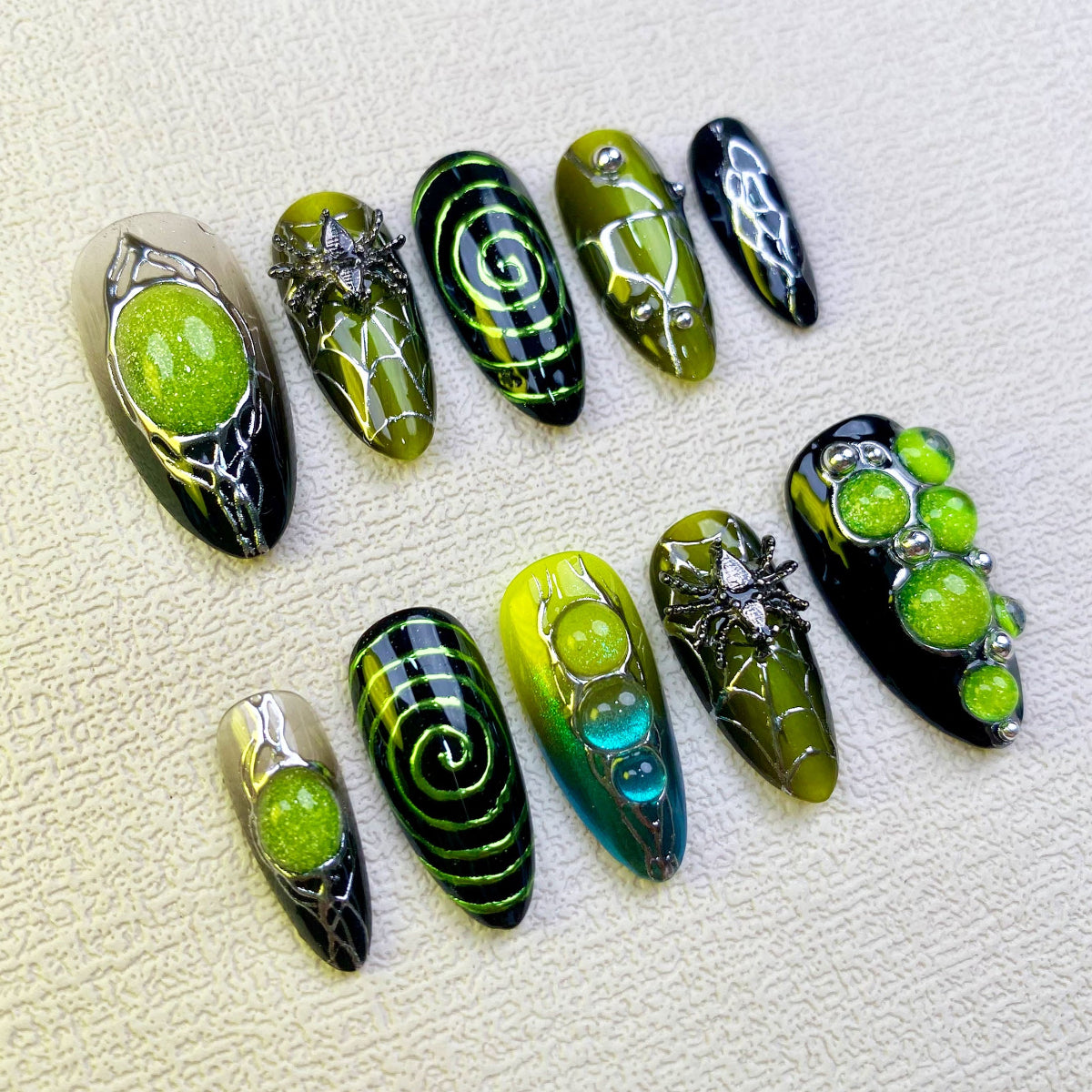 Green Press On Nails, Y2K Trending Spider Web Summer Dark Green Nails | DarkNailz