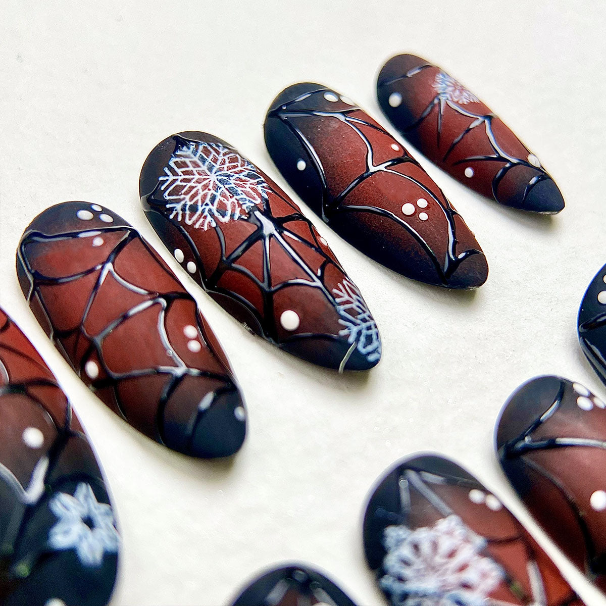 Dark Winter Web Press-On Nails – Matte Gothic Christmas Fake Nails with Snowflakes