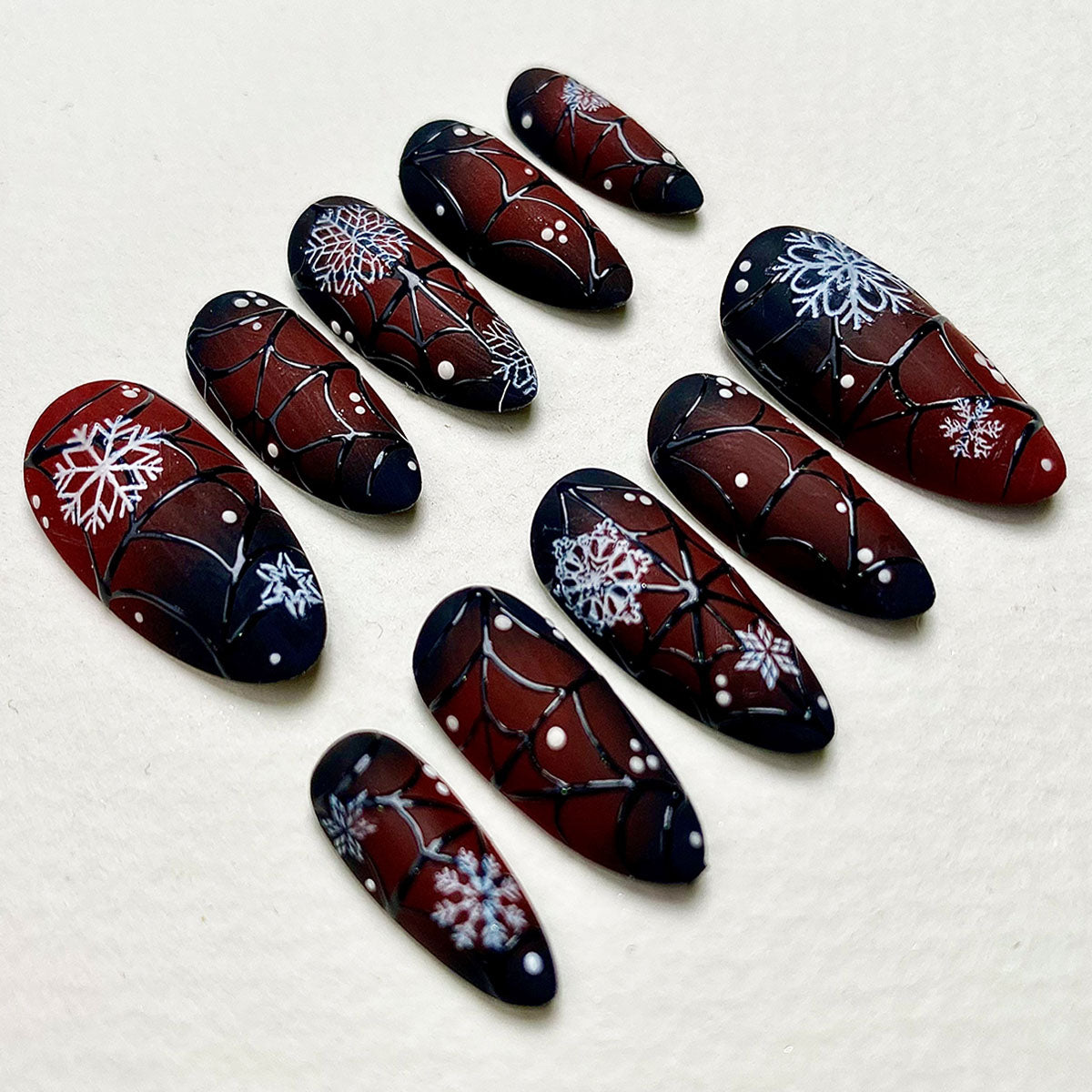 Dark Winter Web Press-On Nails – Matte Gothic Christmas Fake Nails with Snowflakes