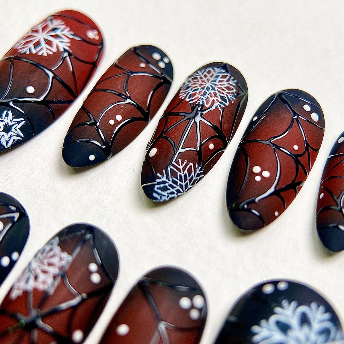 Dark Winter Web Press-On Nails – Matte Gothic Christmas Fake Nails with Snowflakes