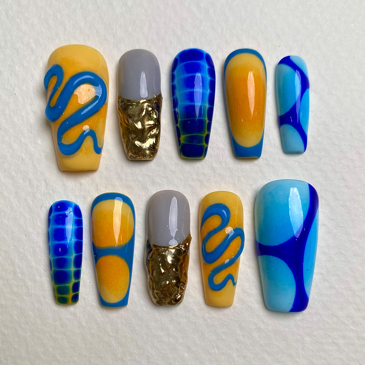 Ocean Twist Blue Yellow Press On Nails, Summer Cute Fake Nails