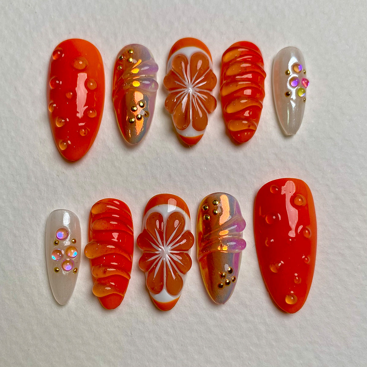 Sunburst Bloom Orange Press On Nails, Summer Cute Glossy Floral Fake Nails