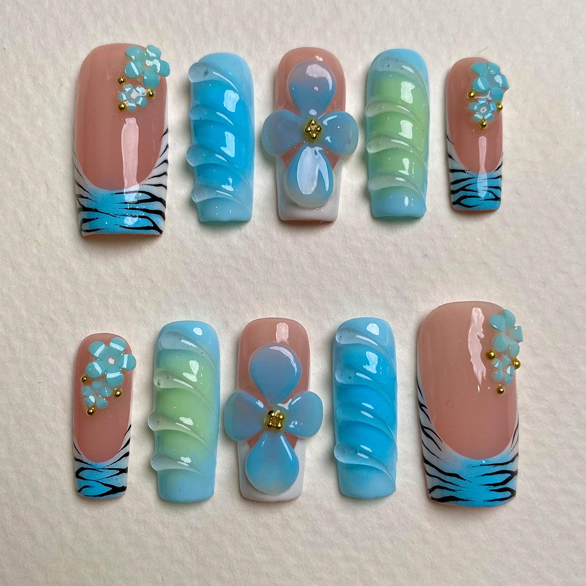 Ocean Bloom Pastel Press On Nails, Cute Blue Green Floral Fake Nails with Zebra Tips