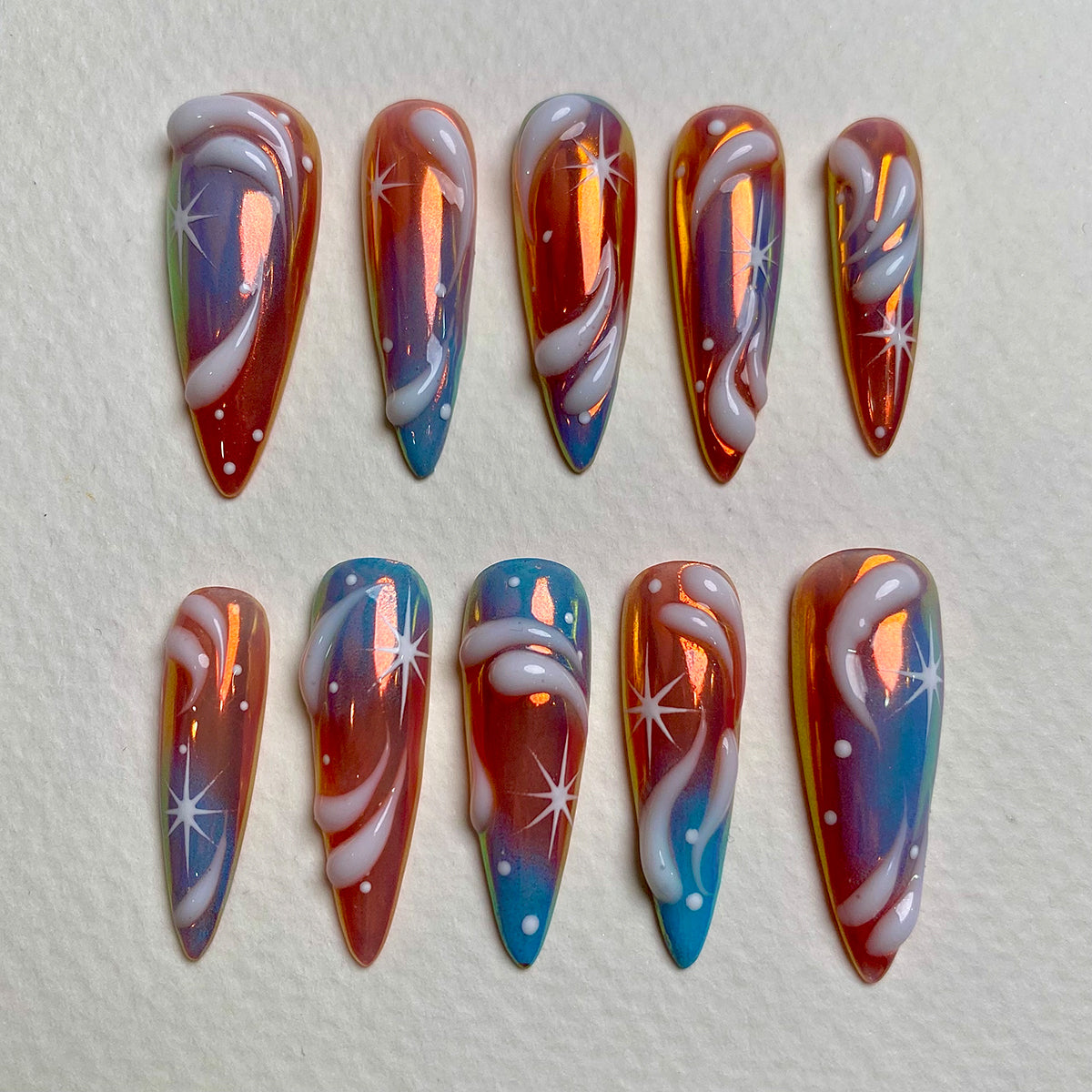 Candy Comet Swirl Press On Nails, Cute Holographic Galaxy Fake Nails in Orange Blue