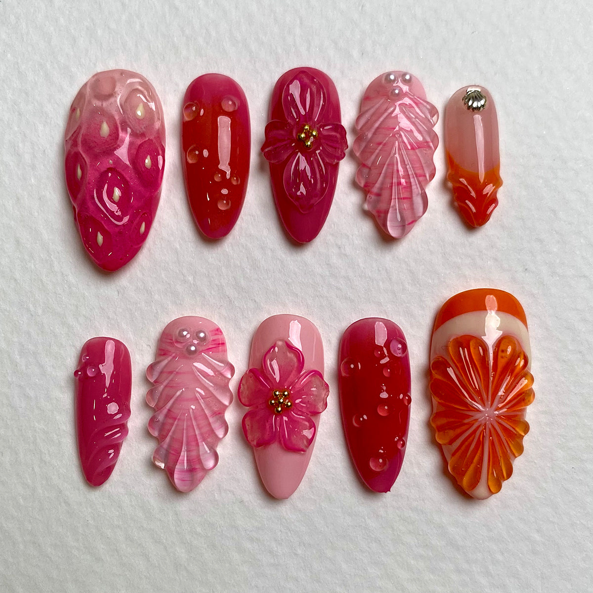 Rosy Bloom Pink Red Press On Nails, Floral 3D Cute Fake Nails