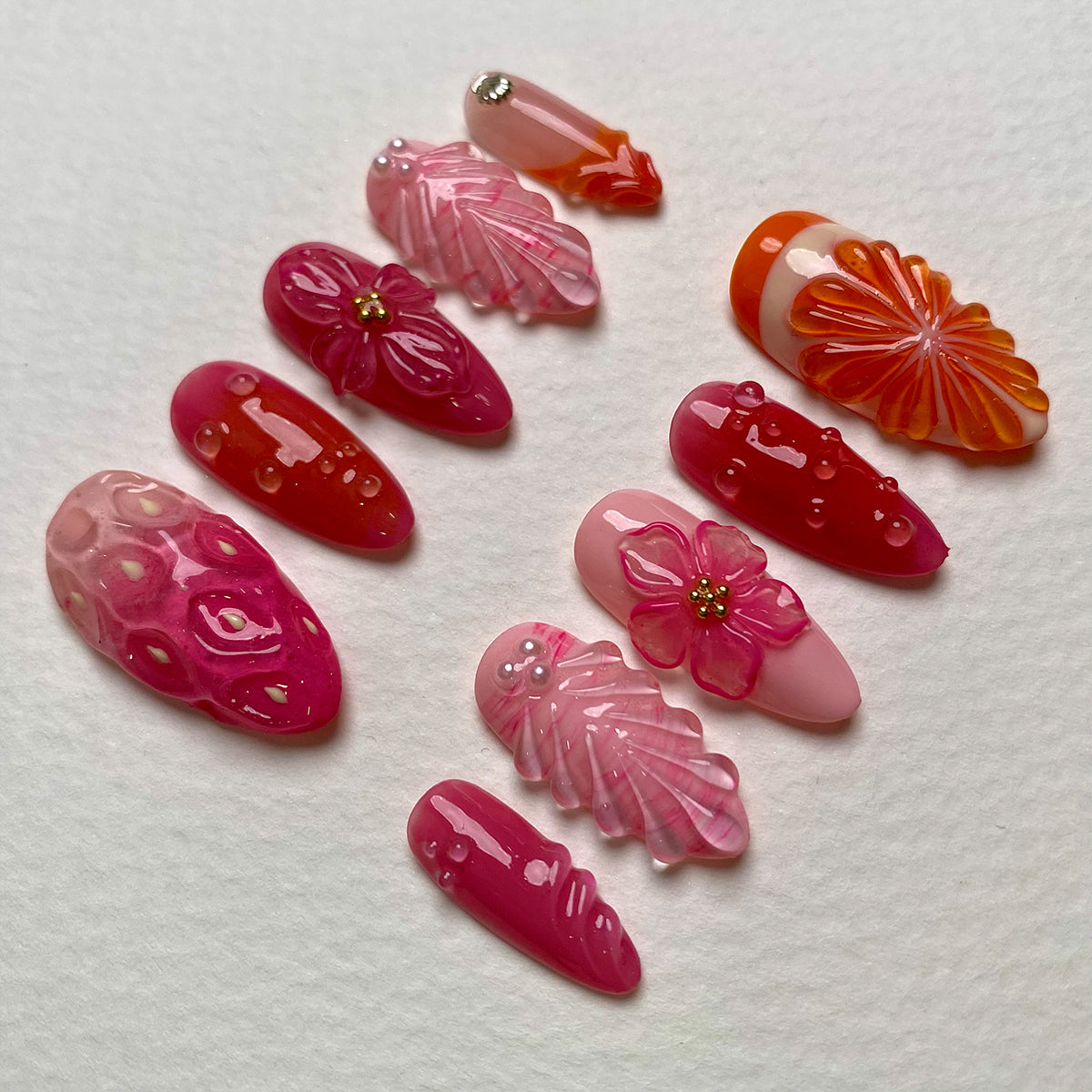 Rosy Bloom Pink Red Press On Nails, Floral 3D Cute Fake Nails