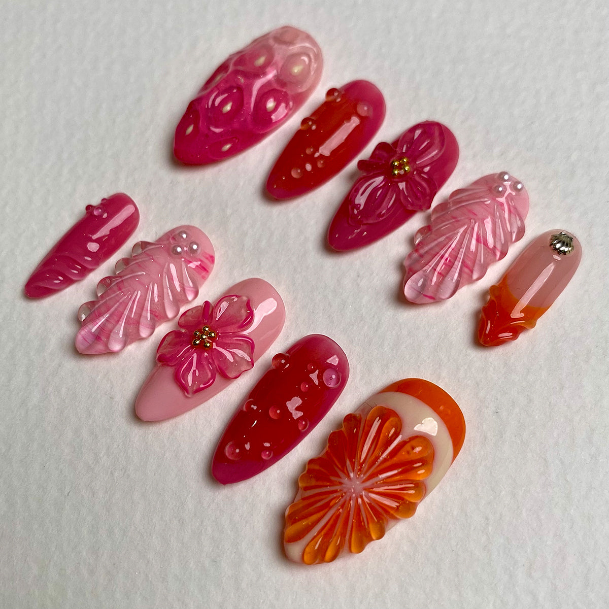 Rosy Bloom Pink Red Press On Nails, Floral 3D Cute Fake Nails