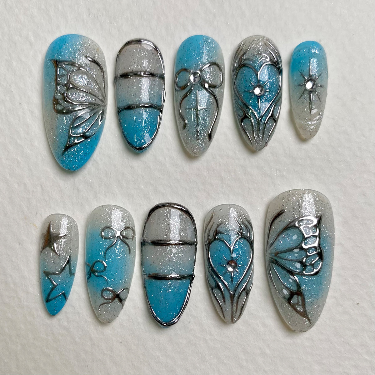 Frostbite Heart Blue Glitter Press On Nails, Cute Silver Bow Fake Nails