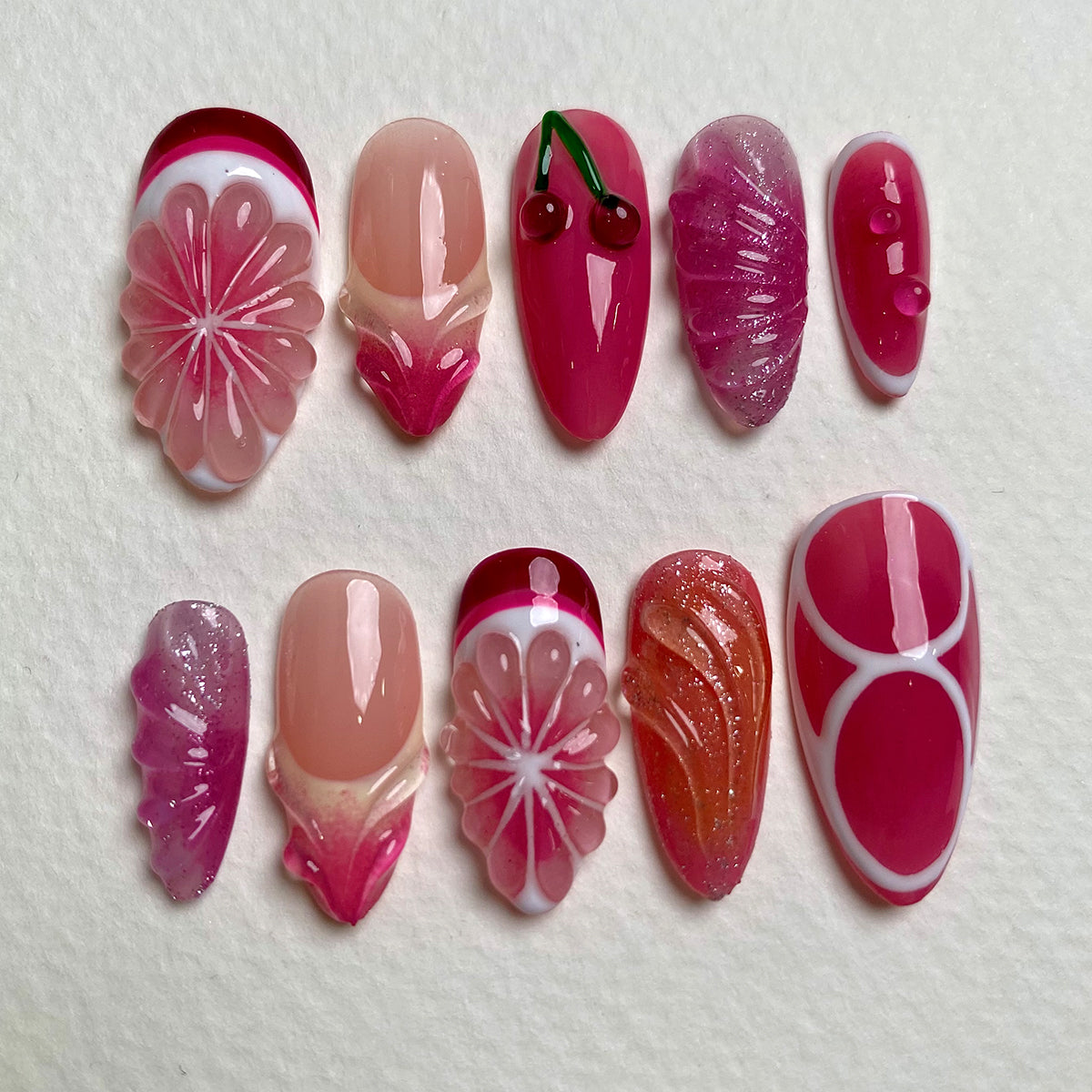 Cherry Bloom Pink Red Press On Nails, Cute Summer Fake Nails with 3D Fruit and Floral Design