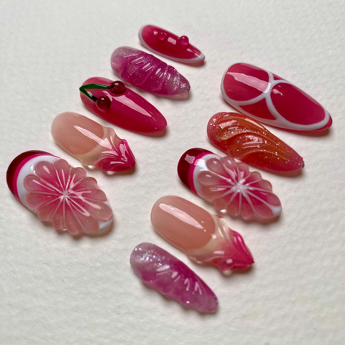 Cherry Bloom Pink Red Press On Nails, Cute Summer Fake Nails with 3D Fruit and Floral Design