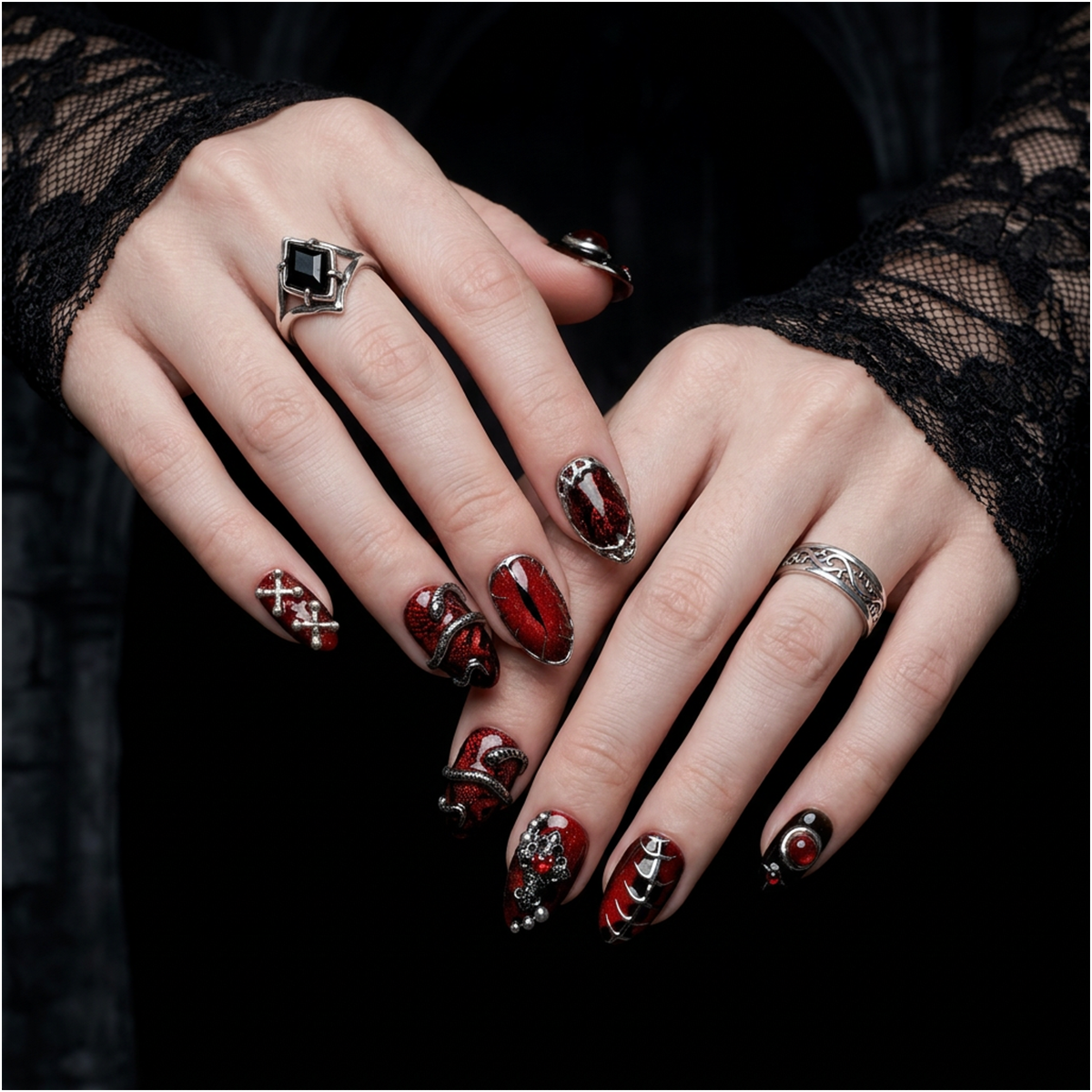 Snakeblood Hex – Red Black Press-On Nails, Gothic Metal Snake Eyes Fake Nails