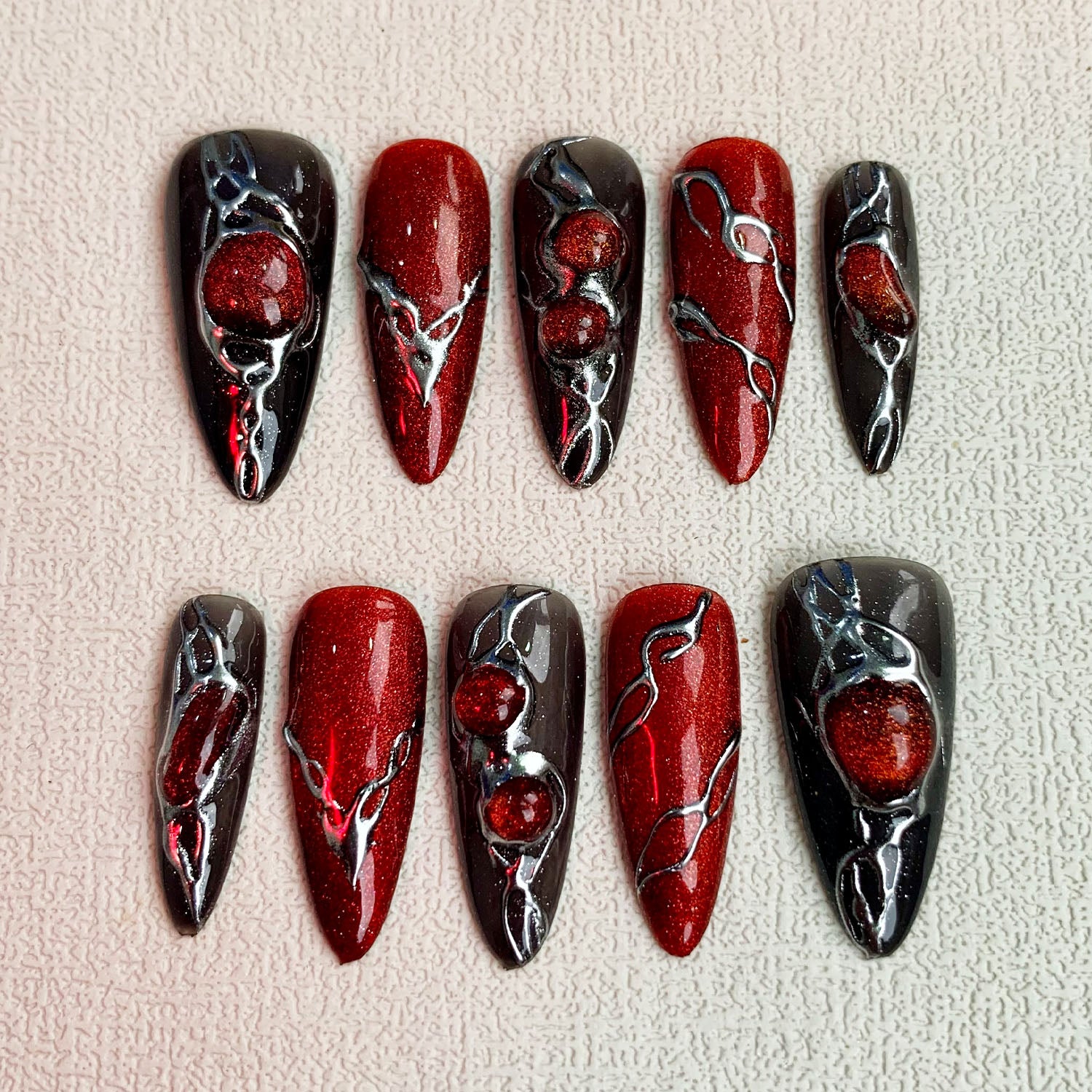 Red Cat Eye Press On Nails, Dark Gothic Punk Y2K Press On Nails