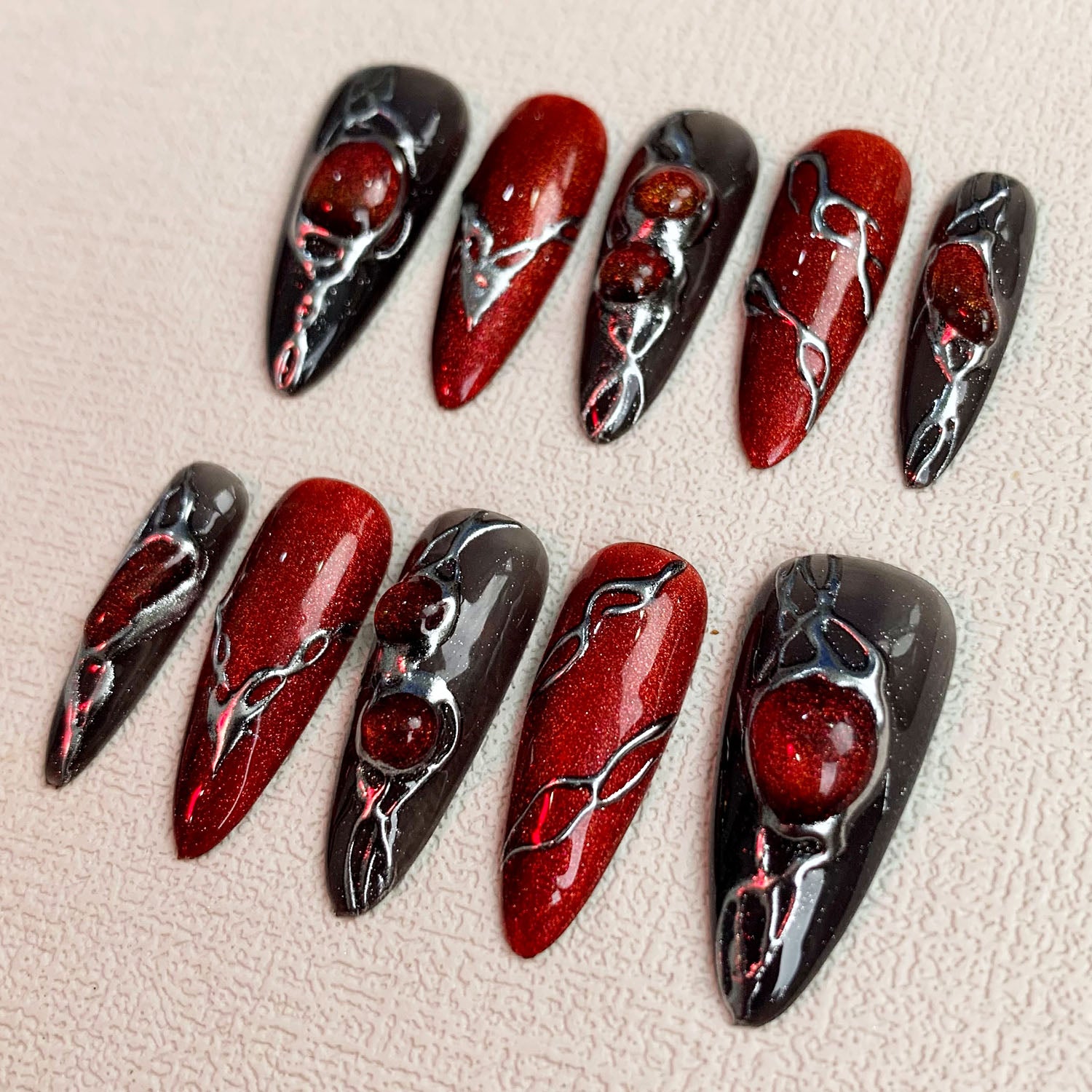 Red Cat Eye Press On Nails, Dark Gothic Punk Y2K Press On Nails