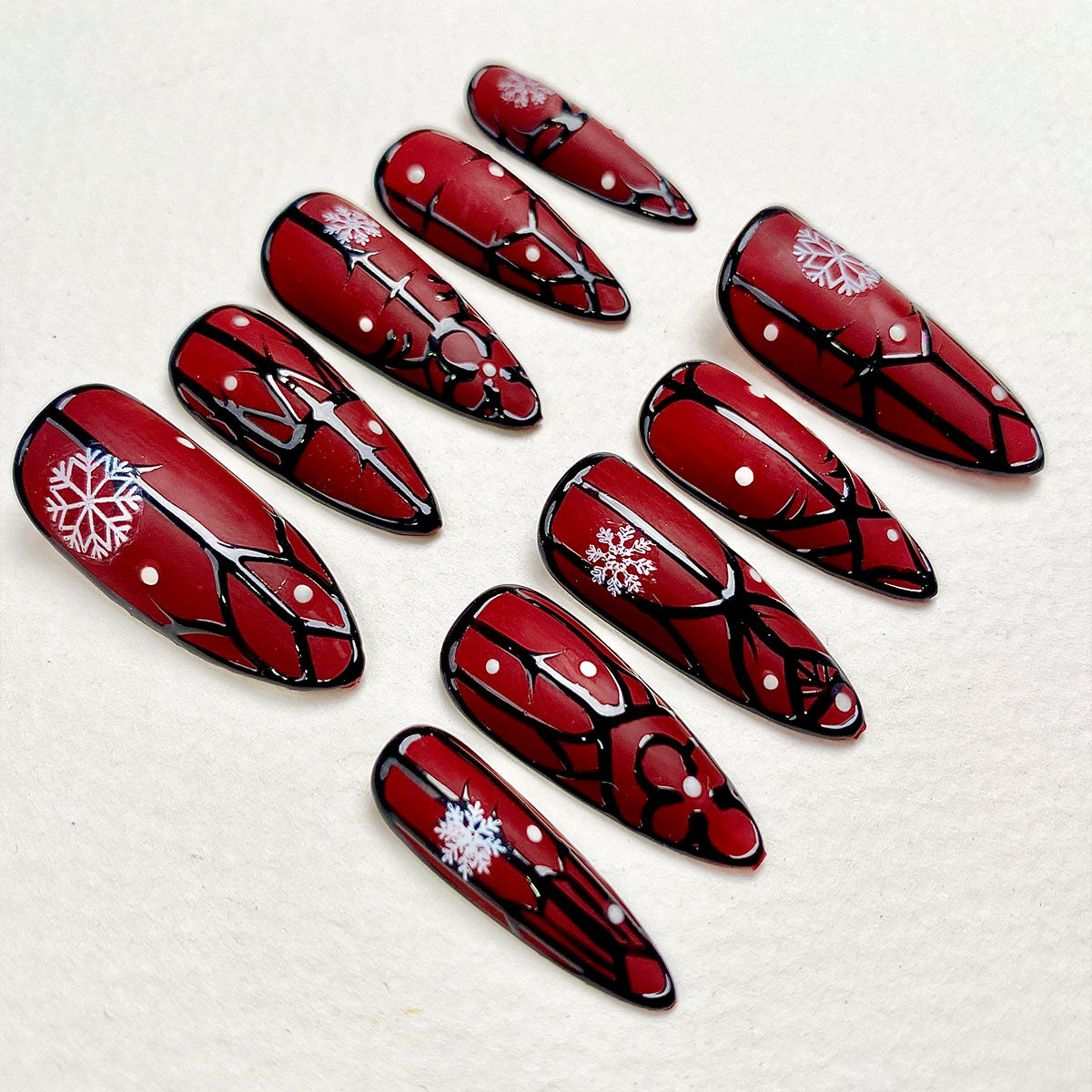 Winter Crimson Gate Press-On Nails – Red Matte Gothic Fake Nails with Snowflakes