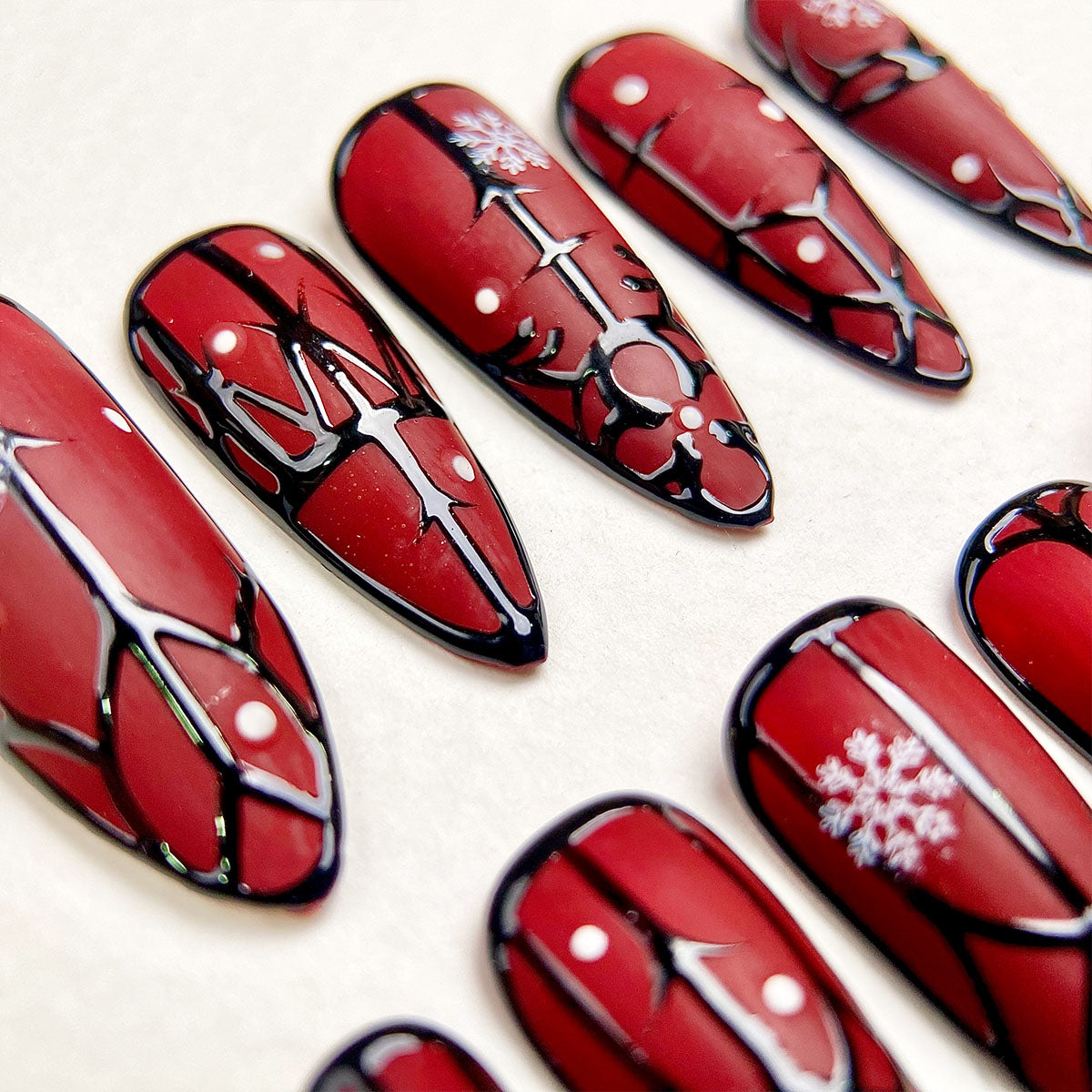 Winter Crimson Gate Press-On Nails – Red Matte Gothic Fake Nails with Snowflakes