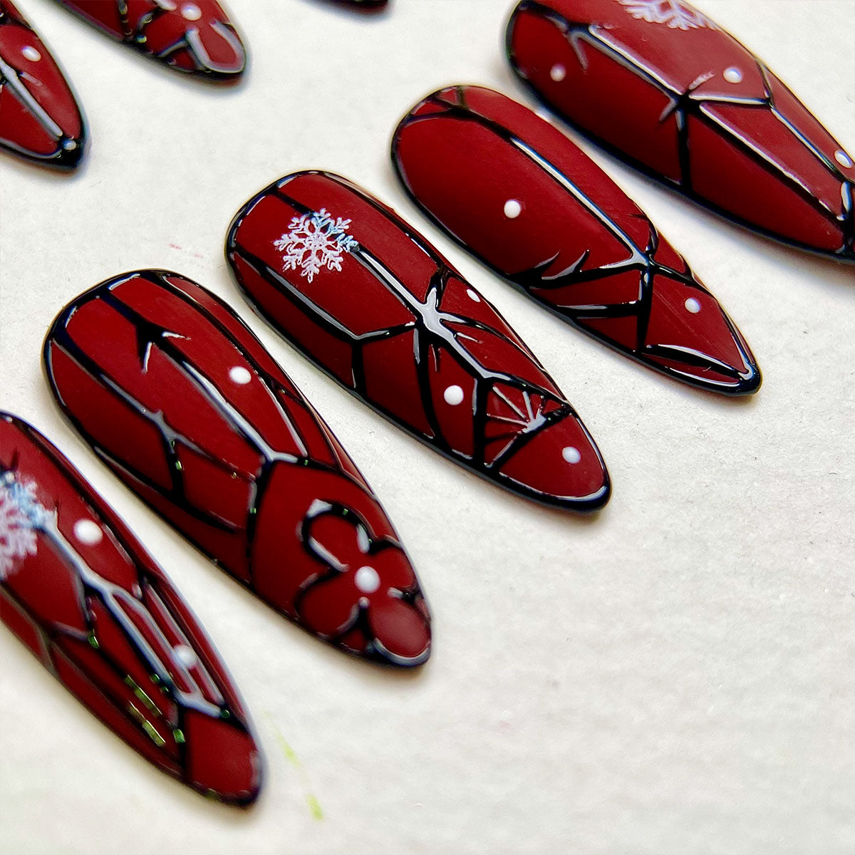 Winter Crimson Gate Press-On Nails – Red Matte Gothic Fake Nails with Snowflakes