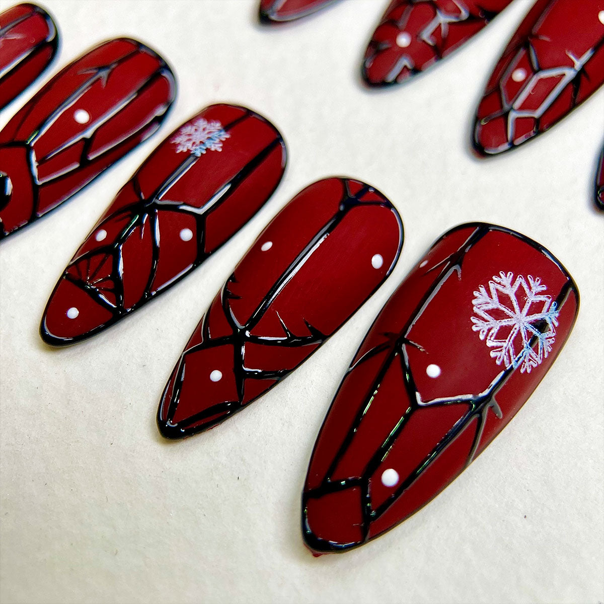 Winter Crimson Gate Press-On Nails – Red Matte Gothic Fake Nails with Snowflakes