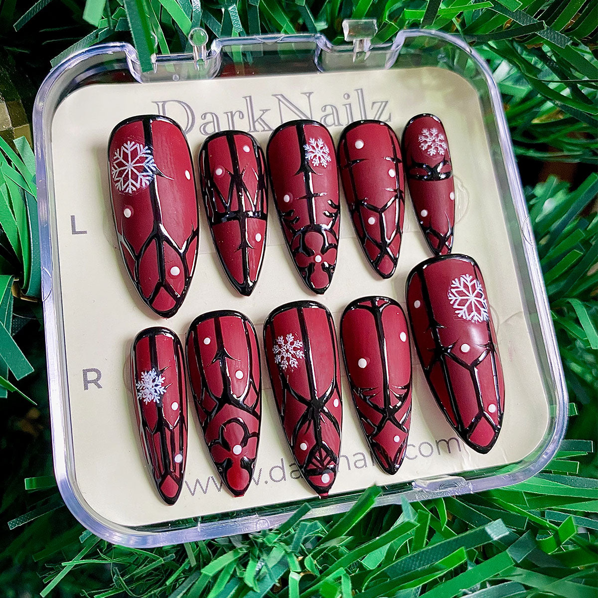 Winter Crimson Gate Press-On Nails – Red Matte Gothic Fake Nails with Snowflakes