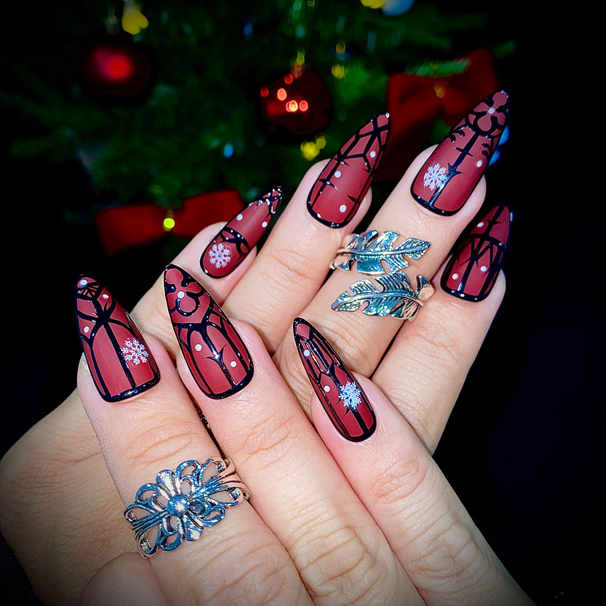 Winter Crimson Gate Press-On Nails – Red Matte Gothic Fake Nails with Snowflakes