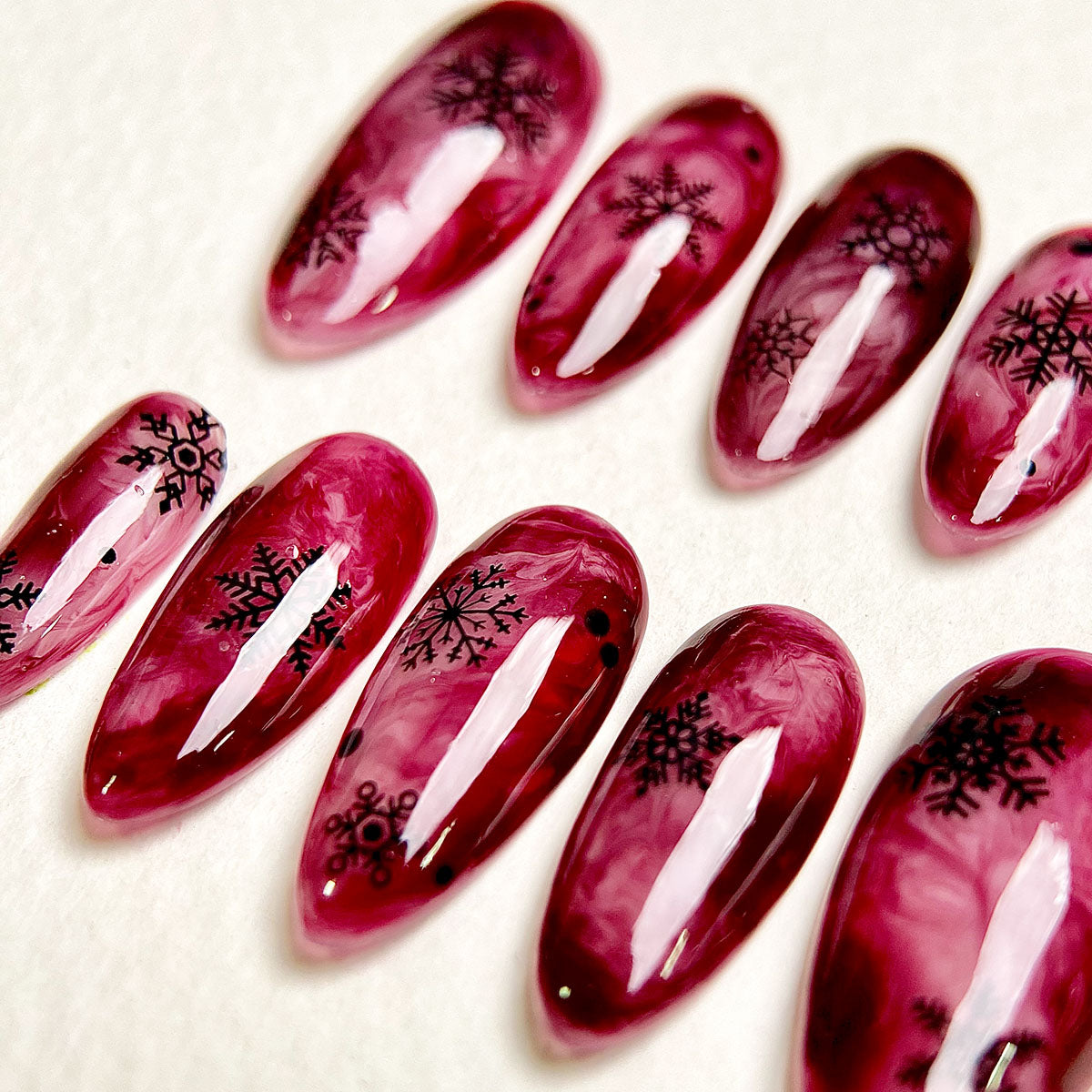 Red Smoke Press-On Nails – Gothic Marble Fake Nails with Snowflakes