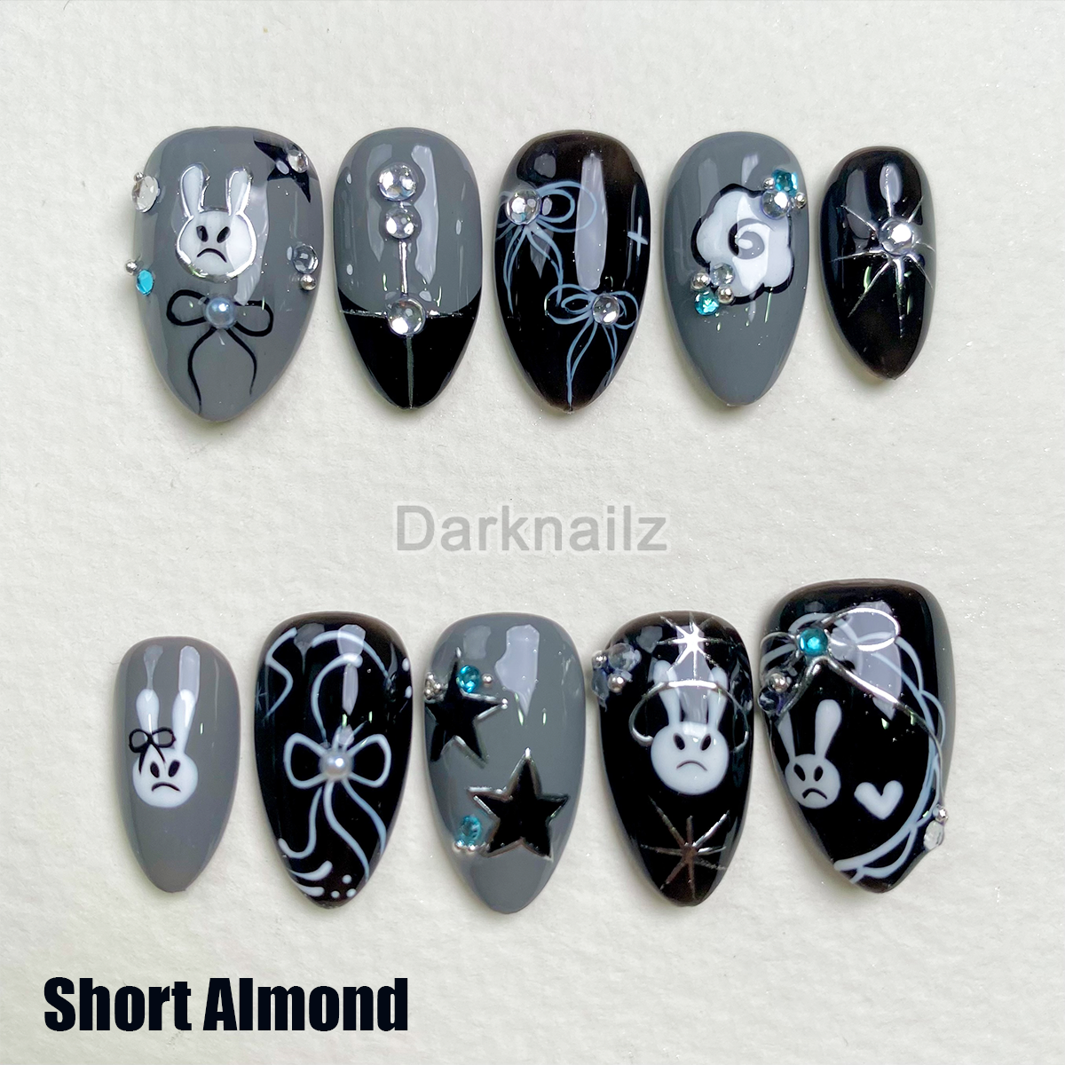 Grey Black Bunny Press-On Nails, Gothic Cute Fake Nails with Stars and Sad Rabbit Art