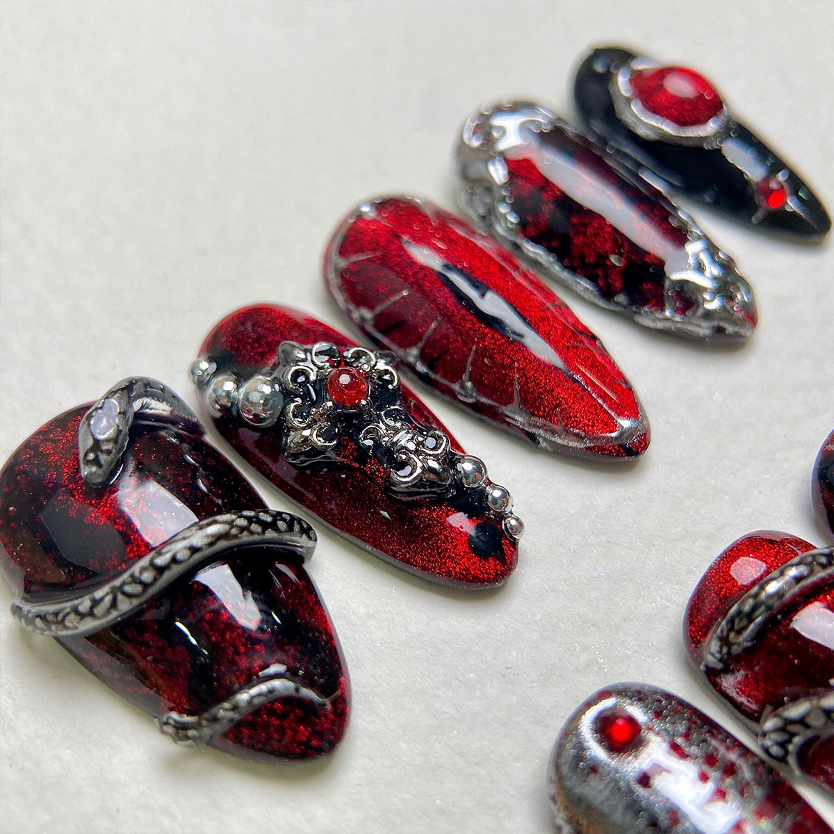 Snakeblood Hex – Red Black Press-On Nails, Gothic Metal Snake Eyes Fake Nails