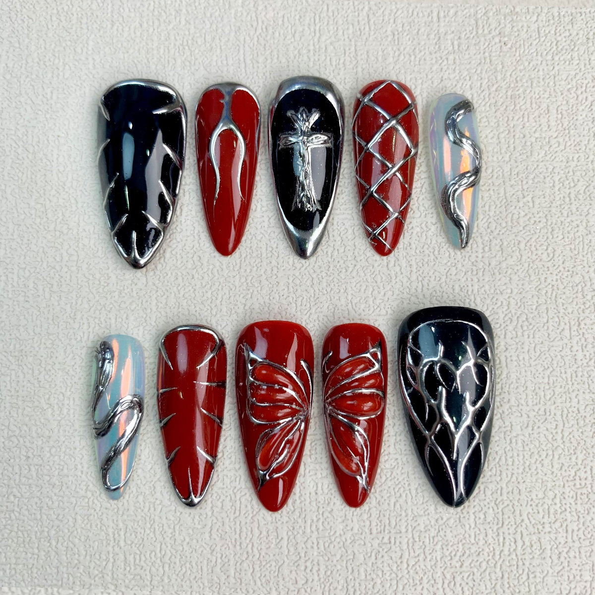 Red Black Press On Nails, Gothic Punk Rock Cross Nails, Goth Y2K Dark Red Fake Butterfly Nails