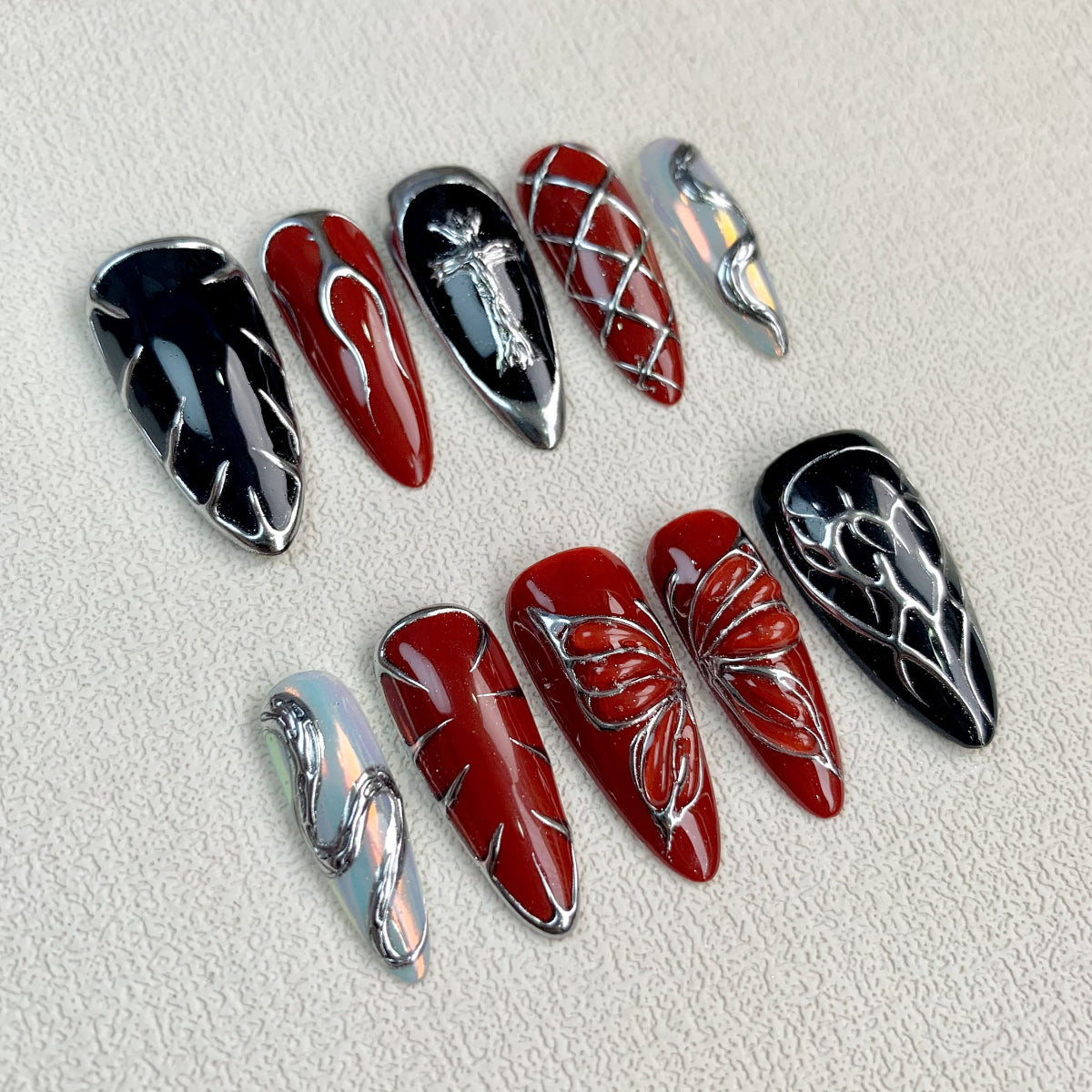 Red Black Press On Nails, Gothic Punk Rock Cross Nails, Goth Y2K Dark Red Fake Butterfly Nails
