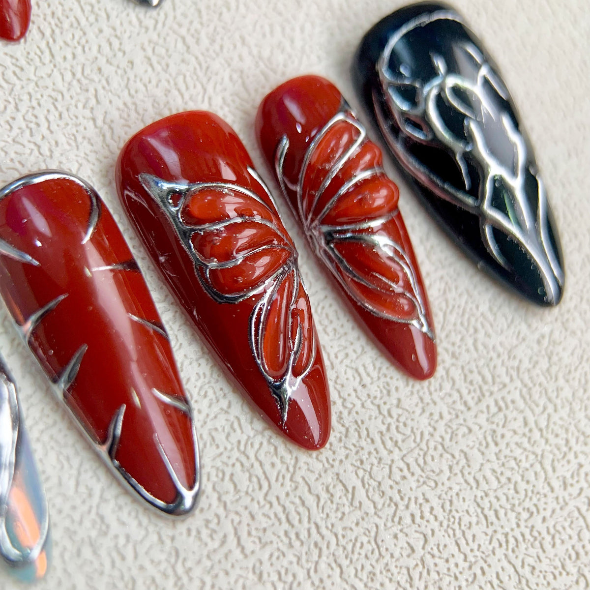 Red Black Press On Nails, Gothic Punk Rock Cross Nails, Goth Y2K Dark Red Fake Butterfly Nails