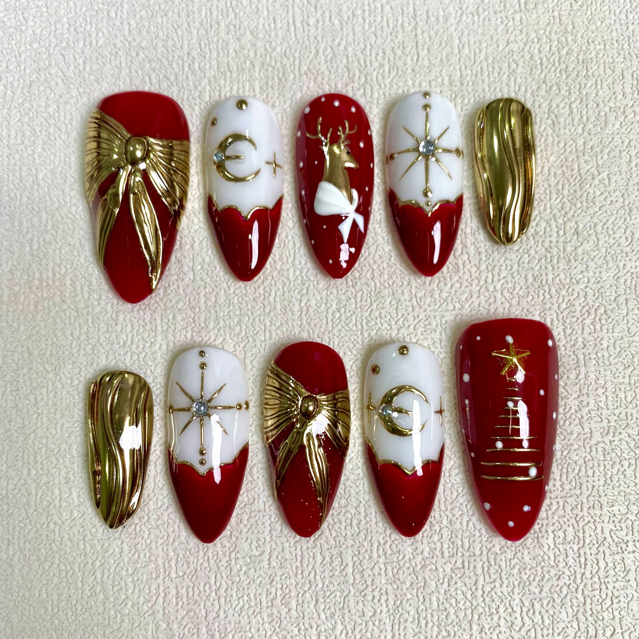 Red Christmas Press On Nails, Gold Chrome Red Xmas Goth Nails, Reindeer Ribbons Pine Tree Holiday Winter Party Nails