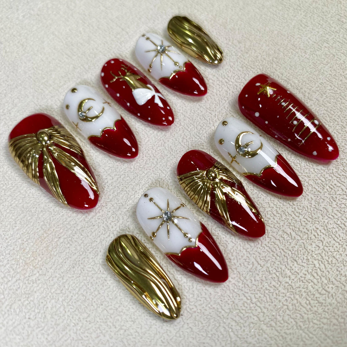 Red Christmas Press On Nails, Gold Chrome Red Xmas Goth Nails, Reindeer Ribbons Pine Tree Holiday Winter Party Nails