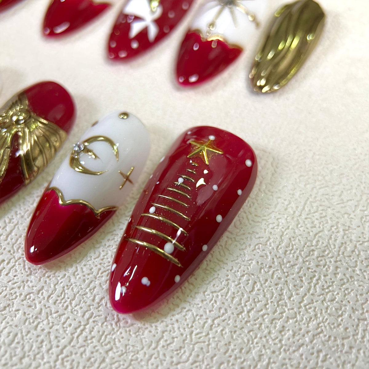 Red Christmas Press On Nails, Gold Chrome Red Xmas Goth Nails, Reindeer Ribbons Pine Tree Holiday Winter Party Nails