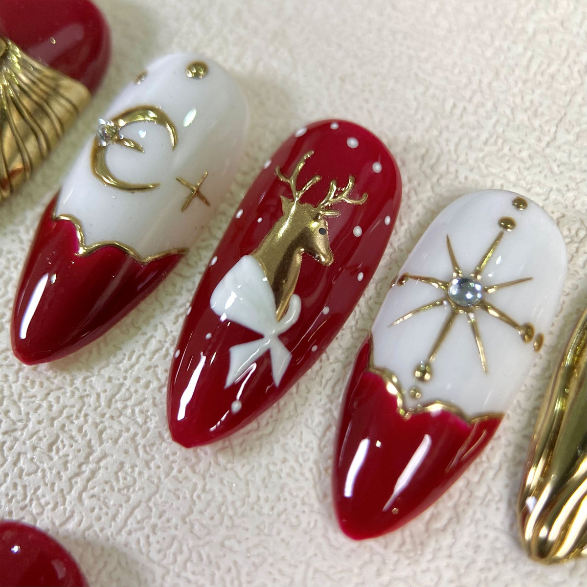 Red Christmas Press On Nails, Gold Chrome Red Xmas Goth Nails, Reindeer Ribbons Pine Tree Holiday Winter Party Nails
