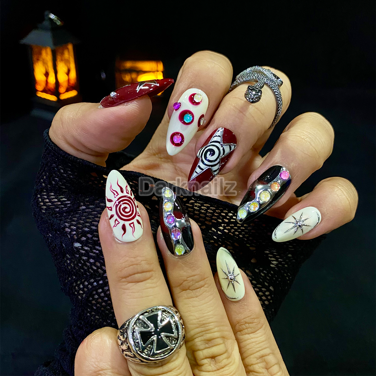 Celestial Chaos Press-On Nails – Burgundy Cream Fake Nails with Sun, Stars & Swirl Designs