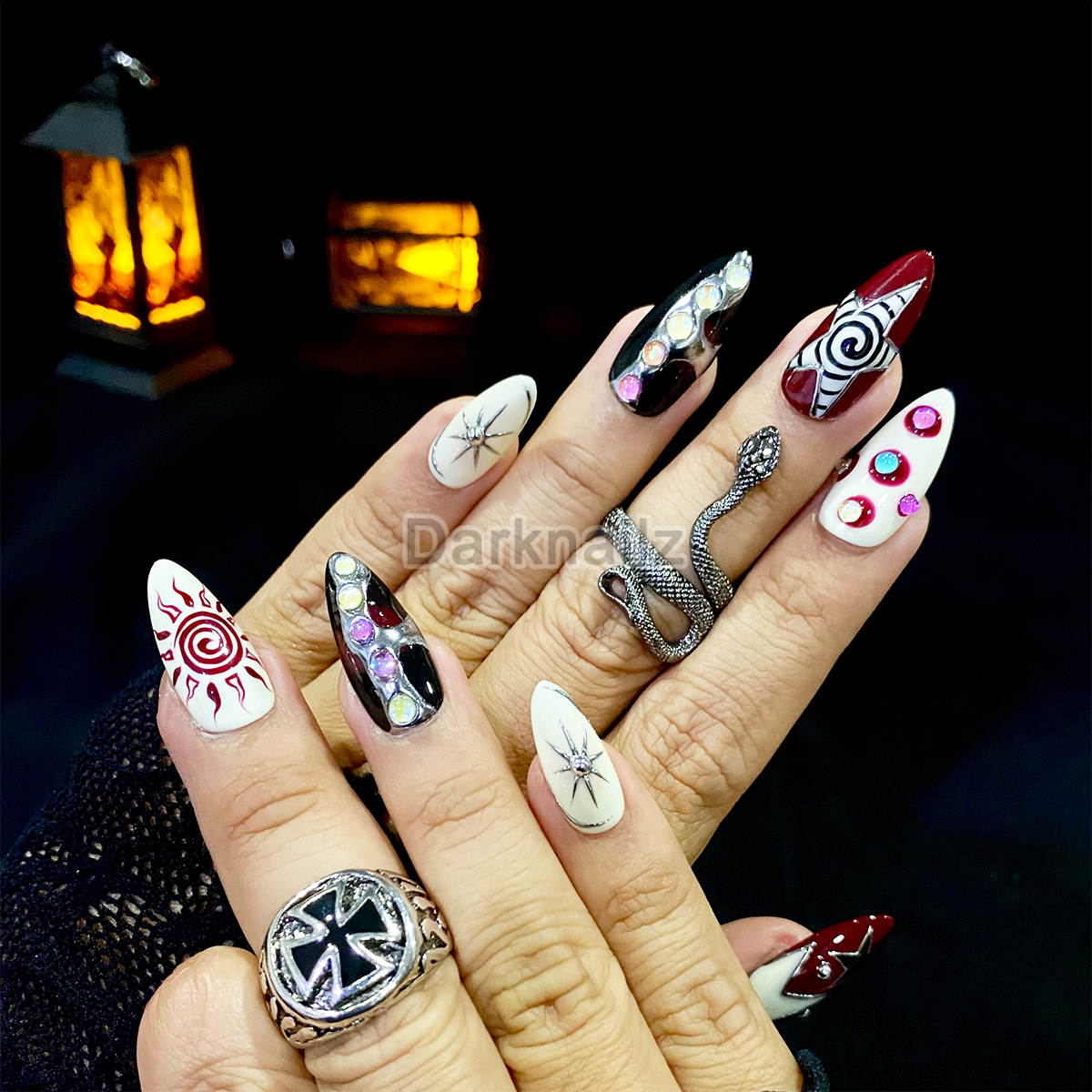 Celestial Chaos Press-On Nails – Burgundy Cream Fake Nails with Sun, Stars & Swirl Designs