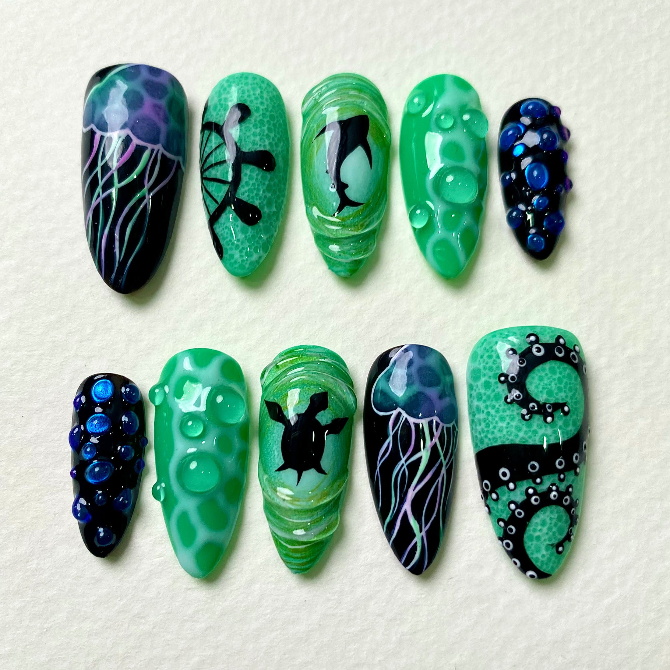Abyss Jelly Green Press-On Nails – Neon Ocean Gothic Fake Nails