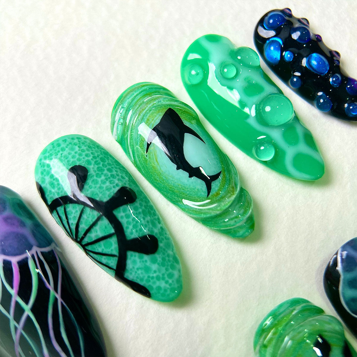 Abyss Jelly Green Press-On Nails – Neon Ocean Gothic Fake Nails