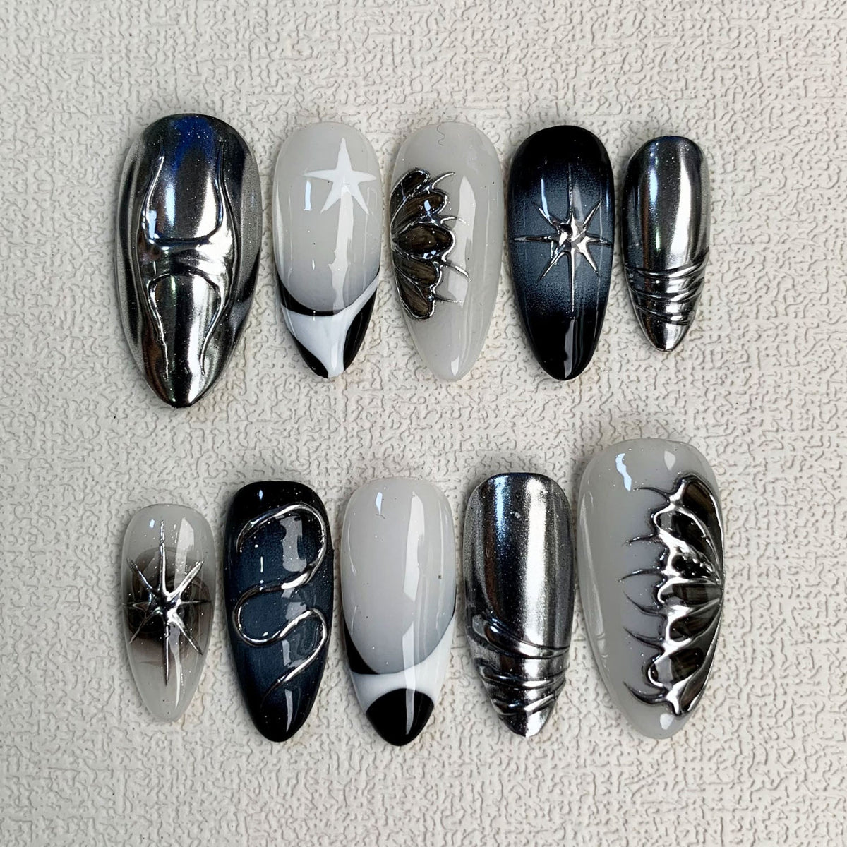 Silver Press On Nails, Gothic Punk Rock Nails, Goth White Y2K Press On Nails