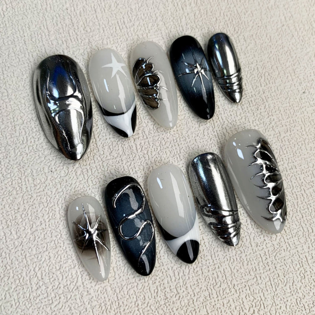 Silver Press On Nails, Gothic Punk Rock Nails, Goth White Y2K Press On Nails