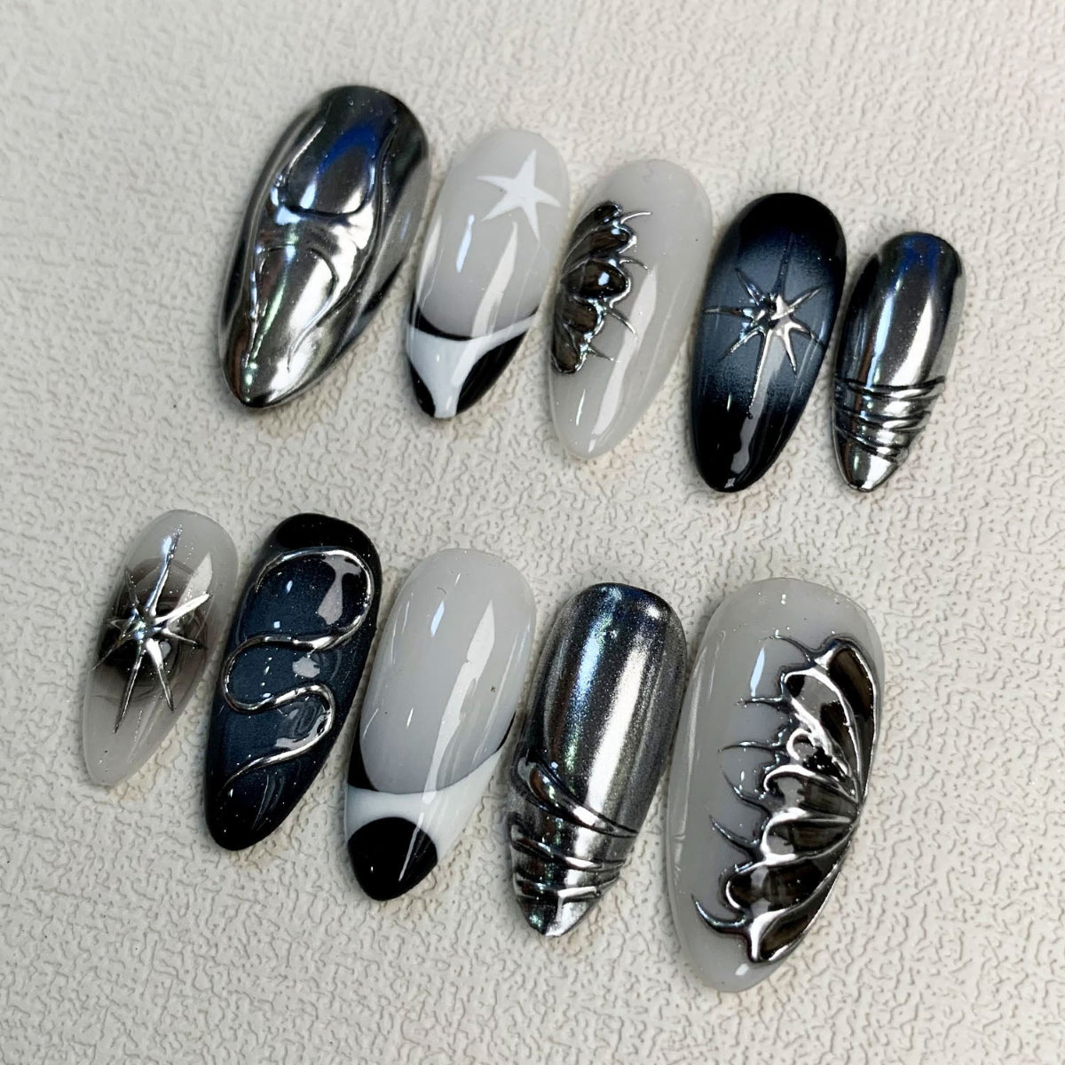 Silver Press On Nails, Gothic Punk Rock Nails, Goth White Y2K Press On Nails